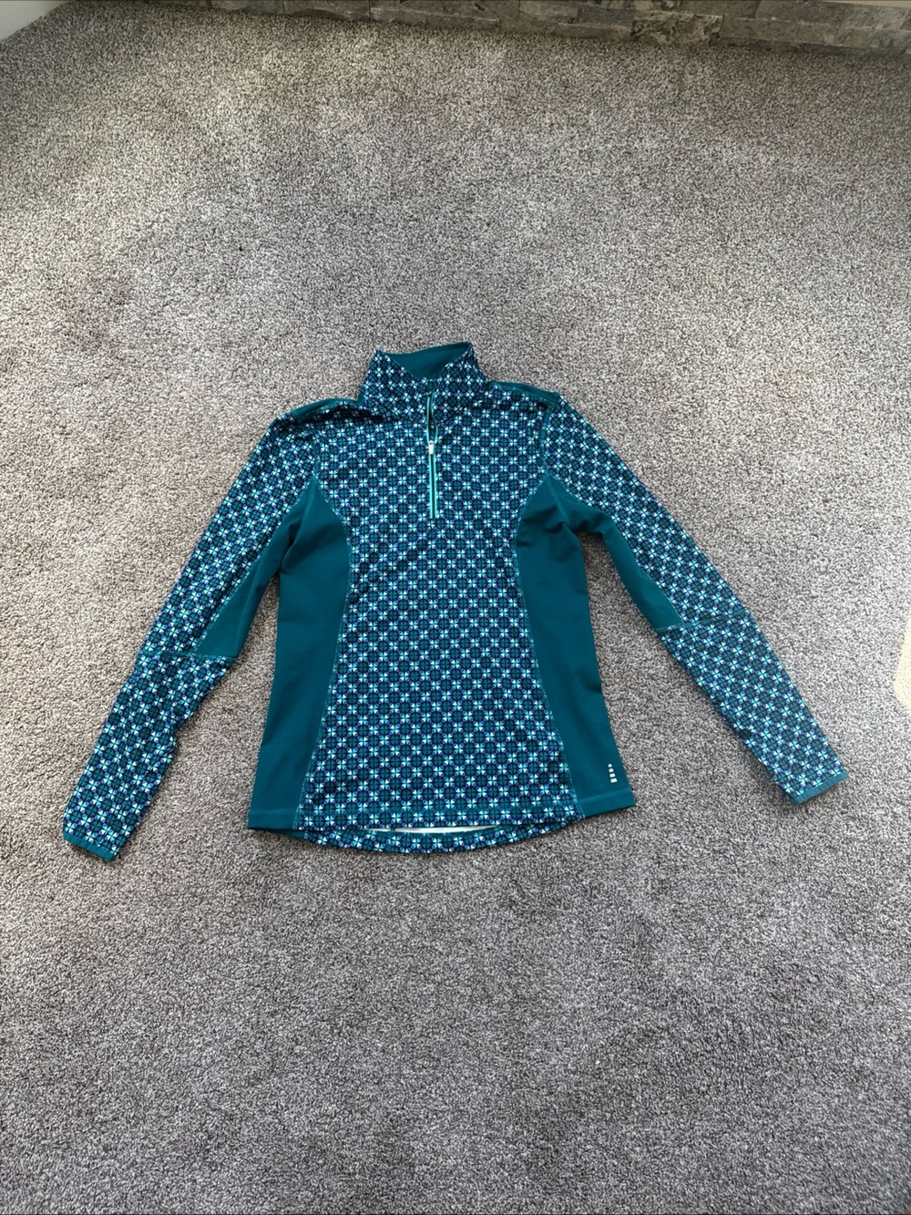 Lands End Women’s Medium 10/12 Teal Patterned 1/4 Zip Pullover Jacket Shirt EUC